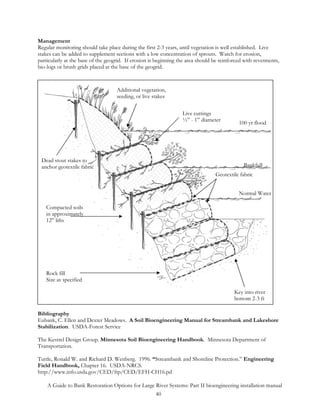 Management
Regular monitoring should take place during the first 2-3 years, until vegetation is well established. Live
stakes can be added to supplement sections with a low concentration of sprouts. Watch for erosion,
particularly at the base of the geogrid. If erosion is beginning the area should be reinforced with revetments,
bio-logs or brush grids placed at the base of the geogrid.



                                    Additional vegetation,
                                    seeding, or live stakes

                                                                  Live cuttings
                                                                  ½” - 1” diameter
                                                                                            100 yr flood




 Dead stout stakes to
 anchor geotextile fabric                                                                     Bankfull
                                                                                 Geotextile fabric


                                                                                            Normal Water

   Compacted soils
   in approximately
   12” lifts




   Rock fill
   Size as specified

                                                                                          Key into river
                                                                                          bottom 2-3 ft

Bibliography
Eubank, C. Ellen and Dexter Meadows. A Soil Bioengineering Manual for Streambank and Lakeshore
Stabilization. USDA-Forest Service

The Kestrel Design Group. Minnesota Soil Bioengineering Handbook. Minnesota Department of
Transportation.

Tuttle, Ronald W. and Richard D. Wenberg. 1996. “Streambank and Shoreline Protection.” Engineering
Field Handbook, Chapter 16. USDA-NRCS.
http://www.info.usda.gov/CED/ftp/CED/EFH-CH16.pd

    A Guide to Bank Restoration Options for Large River Systems: Part II bioengineering installation manual
                                                  40
 
