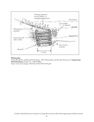 Existing vegetation,
                                 erosion blanket, or
                                 bioengineering practice
                                                                                      100 yr flood

                                                                      Live cuttings
                                                                      ½” - 1” diameter
                                                                                          Bankfull
   Fill material as
   specified

                                                                                      Normal Water
   Secure logs with
   nails or rebar


                                                                      Key 2 ft into
                                                                      riverbed
          Rock fill
                                           4-5 feet


Bibliography
Tuttle, Ronald W. and Richard D. Wenberg. 1996. “Streambank and Shoreline Protection.” Engineering
Field Handbook, Chapter 16. USDA-NRCS.
http://www.info.usda.gov/CED/ftp/CED/EFH-CH16.pdf




   A Guide to Bank Restoration Options for Large River Systems: Part II bioengineering installation manual
                                                 46
 