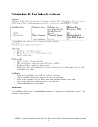 Technical Sheet 11: Rock Barbs with Live Stakes

Summary
Rock barbs are low rock veins extending out from the streambank. They redirect flows that pass over them
at a 90º angle to the rock barb centerline, moving flows away from the bank. (NRCS-EFH Ch 16)

Max Shear Stress                  Maximum Slope             Substrate not         Minimum Site
                                                            recommended to be     Disturbance Width
                                                            installed beyond
* 5 lb/ft2                        3:1                       Bedrock               24 ft
* 2400 dyne/cm2                   Zones of Impact           Vegetation Density    Minimum Vertical
                                                                                  Slope Width Required
                                  Toe/Splash, Bank          10-25%                8 ft
* Estimated shear stress based on rip-rap. Actual max shear stress still to be
determined.
Consult a contractor for proper installation.

Advantages
       Provide in stream habitat structure.
       Deflect flows away from the bank and scour pools.
       Require engineering.

Disadvantages
       Can be complex to design and install.
       May have significant impacts downstream from the rock barb.
       Rock must be large enough so it doesn’t move.
       Rock that is placed at a low elevation or on rivers with large water level fluctuations may not work
       during high water stages.

Installation
        Installation should begin at the bank and work into the stream.
        The barb should be dug into the bank as well as into the streambed.
        Barbs project upstream at a 50-80 degree acute angle upstream from the stream bank.
        Barbs should angle downward as they project into the stream.
        They should extend out to the thalweg.

Management

The rock barbs will settle over time and should be monitored to ensure that it is functioning properly. Place
additional rock as necessary.




    A Guide to Bank Restoration Options for Large River Systems: Part II bioengineering installation manual
                                                  49
 
