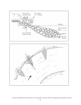 Tie into bank       Live cuttings
                  minimum of 8ft.     ½”-1” diameter




                                                                               Bankfull

                                                                               Normal Summer
                                                                               Pool

                  Geotextile fabric
                  under rock barb
                                                                                      Key into
                                                                                      Riverbed




A Guide to Bank Restoration Options for Large River Systems: Part II bioengineering installation manual
                                              50
 