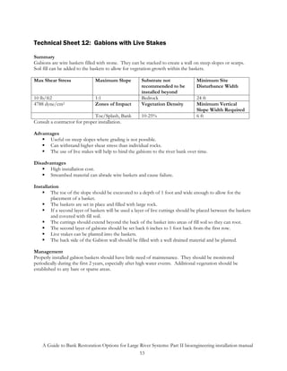 Technical Sheet 12: Gabions with Live Stakes

Summary
Gabions are wire baskets filled with stone. They can be stacked to create a wall on steep slopes or scarps.
Soil fill can be added to the baskets to allow for vegetation growth within the baskets.

Max Shear Stress               Maximum Slope           Substrate not                Minimum Site
                                                       recommended to be            Disturbance Width
                                                       installed beyond
10 lb/ft2                      1:1                     Bedrock                      24 ft
4788 dyne/cm2                  Zones of Impact         Vegetation Density           Minimum Vertical
                                                                                    Slope Width Required
                              Toe/Splash, Bank         10-25%                       6 ft
Consult a contractor for proper installation.

Advantages
       Useful on steep slopes where grading is not possible.
       Can withstand higher shear stress than individual rocks.
       The use of live stakes will help to bind the gabions to the river bank over time.

Disadvantages
       High installation cost.
       Streambed material can abrade wire baskets and cause failure.

Installation
        The toe of the slope should be excavated to a depth of 1 foot and wide enough to allow for the
        placement of a basket.
        The baskets are set in place and filled with large rock.
        If a second layer of baskets will be used a layer of live cuttings should be placed between the baskets
        and covered with fill soil.
        The cuttings should extend beyond the back of the basket into areas of fill soil so they can root.
        The second layer of gabions should be set back 6 inches to 1 foot back from the first row.
        Live stakes can be planted into the baskets.
        The back side of the Gabion wall should be filled with a well drained material and be planted.

Management
Properly installed gabion baskets should have little need of maintenance. They should be monitored
periodically during the first 2 years, especially after high water events. Additional vegetation should be
established to any bare or sparse areas.




    A Guide to Bank Restoration Options for Large River Systems: Part II bioengineering installation manual
                                                  53
 