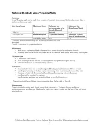 Technical Sheet 13: Levee/Retaining Walls

Summary
Levee/Retaining walls can be made from a variety of materials from pre-cast blocks and concrete slabs to
timbers or sheet metal walls.

Max Shear Stress                  Maximum Slope             Substrate not         Minimum Site
                                                            recommended to be     Disturbance Width
                                                            installed beyond
* 5 lb/ft2                        1:1                       Bedrock               24 ft
*2400 dyne/cm2                    Zones of Impact           Vegetation Density    Minimum Vertical
                                                                                  Slope Width Required
                                  Toe/Splash, Bank          0%                    8 ft
* Estimated shear stress based on rip-rap. Actual max shear stress still to be
determined.
Consult a contractor for proper installation.

Advantages
       With proper engineering block walls can achieve greater heights by reinforcing the soils.
       Retaining walls can be used in steep areas where access to the water’s edge is necessary, such as piers.

Disadvantages
       Creates near vertical banks.
       Most retaining walls are not able to have vegetation incorporated except at the top.
       Timber walls need to be environmentally sensitive.

Installation
        Excavate below river bed to install compacted leveling pad and minimum of 1 foot of wall.
        Install riprap armoring at the base to prevent scouring from undermining the base of the wall.
        Continue to build wall above riverbed backfilling and compacting soil as wall goes up.
        Install geogrid as specified by engineer.
        Install drainage aggregate and separation fabric as specified by engineer.

  Vegetation should be established wherever possible along the backside of the wall.

Management
Properly installed retaining walls should require little maintenance. Timber walls may need some
replacements as the wood decays. Monitor after high water events to make sure the base of the wall is not
being undercut.




    A Guide to Bank Restoration Options for Large River Systems: Part II bioengineering installation manual
                                                  55
 