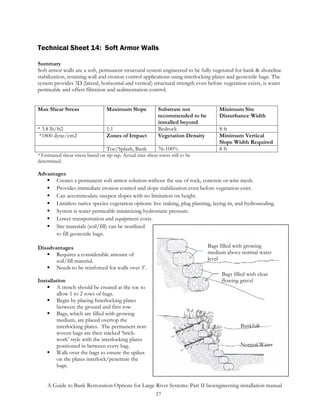 Technical Sheet 14: Soft Armor Walls

Summary
Soft armor walls are a soft, permanent structural system engineered to be fully vegetated for bank & shoreline
stabilization, retaining wall and erosion control applications using interlocking plates and geotextile bags. The
system provides 3D (lateral, horizontal and vertical) structural strength even before vegetation exists, is water
permeable and offers filtration and sedimentation control.


Max Shear Stress                   Maximum Slope             Substrate not            Minimum Site
                                                             recommended to be        Disturbance Width
                                                             installed beyond
* 3.8 lb/ft2                       1:1                       Bedrock                  8 ft
 *1800 dyne/cm2                    Zones of Impact           Vegetation Density       Minimum Vertical
                                                                                      Slope Width Required
                                   Toe/Splash, Bank          76-100%                  8 ft
* Estimated shear stress based on rip-rap. Actual max shear stress still to be
determined.

Advantages
       Creates a permanent soft armor solution without the use of rock, concrete or wire mesh.
       Provides immediate erosion control and slope stabilization even before vegetation exist.
       Can accommodate steepen slopes with no limitation on height.
       Limitless native species vegetation options: live staking, plug planting, laying-in, and hydroseeding.
       System is water permeable minimizing hydrostatic pressure.
       Lower transportation and equipment costs.
       Site materials (soil/fill) can be reutilized
       to fill geotextile bags.

Disadvantages                                                                     Bags filled with growing
       Requires a considerable amount of                                          medium above normal water
       soil/fill material.                                                        level
       Needs to be reinforced for walls over 3’.
                                                                                       Bags filled with clear
Installation                                                                           flowing gravel
        A trench should be created at the toe to
        allow 1 to 2 rows of bags.
        Begin by placing Interlocking plates
        between the ground and first row.
        Bags, which are filled with growing
        medium, are placed overtop the
        interlocking plates. The permanent non-                                                Bankfull
        woven bags are then stacked ‘brick-
        work’ style with the interlocking plates
        positioned in between every bag.                                                       Normal Water
        Walk over the bags to ensure the spikes
        on the plates interlock/penetrate the
        bags.


    A Guide to Bank Restoration Options for Large River Systems: Part II bioengineering installation manual
                                                  57
 