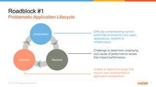 © 2017 Riverbed Technology. All rights reserved. 16
Problematic Application Lifecycle
Roadblock #1
Improve
Understand
Resolve
Difficulty understanding current
performance levels for end users,
applications, network &
infrastructure.
Challenge to determine underlying
root cause of performance issues
that impact performance.
Unable to determine areas that
require new development or
application acceleration.
 
