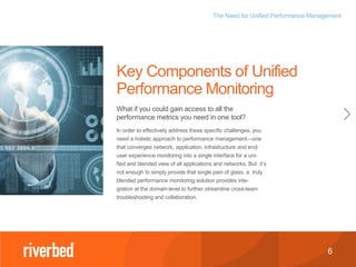 The Need for Unified Performance Management
6
In order to effectively address these specific challenges, you
need a holistic approach to performance management—one
that converges network, application, infrastructure and end-
user experience monitoring into a single interface for a uni-
fied and blended view of all applications and networks. But it’s
not enough to simply provide that single pain of glass, a truly
blended performance monitoring solution provides inte-
gration at the domain-level to further streamline cross-team
troubleshooting and collaboration.
Key Components of Unified
Performance Monitoring
What if you could gain access to all the
performance metrics you need in one tool?
 