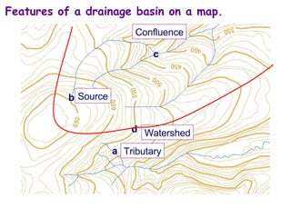 Watershed Tributary Features of a drainage basin on a map. Confluence a b c Source d 