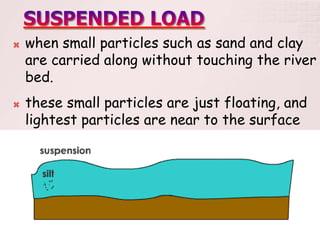  when small particles such as sand and clay
are carried along without touching the river
bed.
 these small particles are just floating, and
lightest particles are near to the surface
of the water
 