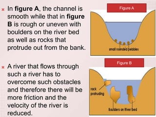  In figure A, the channel is
smooth while that in figure
B is rough or uneven with
boulders on the river bed
as well as rocks that
protrude out from the bank.
 A river that flows through
such a river has to
overcome such obstacles
and therefore there will be
more friction and the
velocity of the river is
reduced.
Figure A
Figure B
 