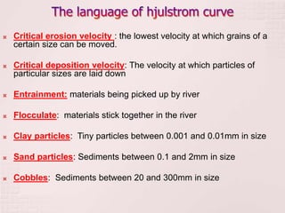  Critical erosion velocity : the lowest velocity at which grains of a
certain size can be moved.
 Critical deposition velocity: The velocity at which particles of
particular sizes are laid down
 Entrainment: materials being picked up by river
 Flocculate: materials stick together in the river
 Clay particles: Tiny particles between 0.001 and 0.01mm in size
 Sand particles: Sediments between 0.1 and 2mm in size
 Cobbles: Sediments between 20 and 300mm in size
 