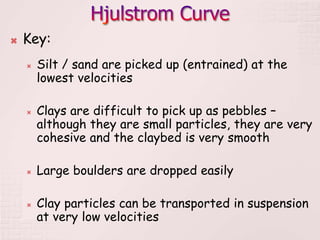  Key:
 Silt / sand are picked up (entrained) at the
lowest velocities
 Clays are difficult to pick up as pebbles –
although they are small particles, they are very
cohesive and the claybed is very smooth
 Large boulders are dropped easily
 Clay particles can be transported in suspension
at very low velocities
 