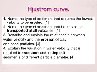 1. Name the type of sediment that requires the lowest
velocity to be eroded. [1]
2. Name the type of sediment that is likely to be
transported at all velocities. [1]
3. Describe and explain the relationship between
water velocity and the erosion of clay
and sand particles. [4]
4. Explain the variation in water velocity that is
required to transport and to deposit
sediments of different particle diameter. [4]
 