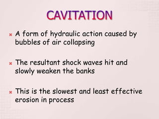  A form of hydraulic action caused by
bubbles of air collapsing
 The resultant shock waves hit and
slowly weaken the banks
 This is the slowest and least effective
erosion in process
 