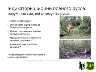 Індикатори ширини повного русла:
розуміння сил, які формують русло
• Пласкі наносні шари
• Зміна берега від стрімкого до
більш пологого ухилу
• Майже пласка верхня відмітка
прируслової мілини
• Менший ступінь не-болотистої
деревної рослинності *
• Характеристики ерозії або
розмивів *
*використовувати обережно або разом з
іншими індикаторами
From Vermont Agency of Natural Resources, 2009. “Vermont Stream Geomorphic Assessment”
 
