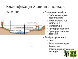 Класифікація 2 рівня : польові
заміри • Поперечні заміри:
• Глибина на ширина
повного русла
• Ширина русла під
затоплення
• Матеріал дна
• Пропорція траншей
• Пропорція ширини-
довжини
• Заміри протяжності:
• Схил
• Характеристики дна
• Звивистість
• Співвідношення ширини
меандрів
www.fs.fed.us
 