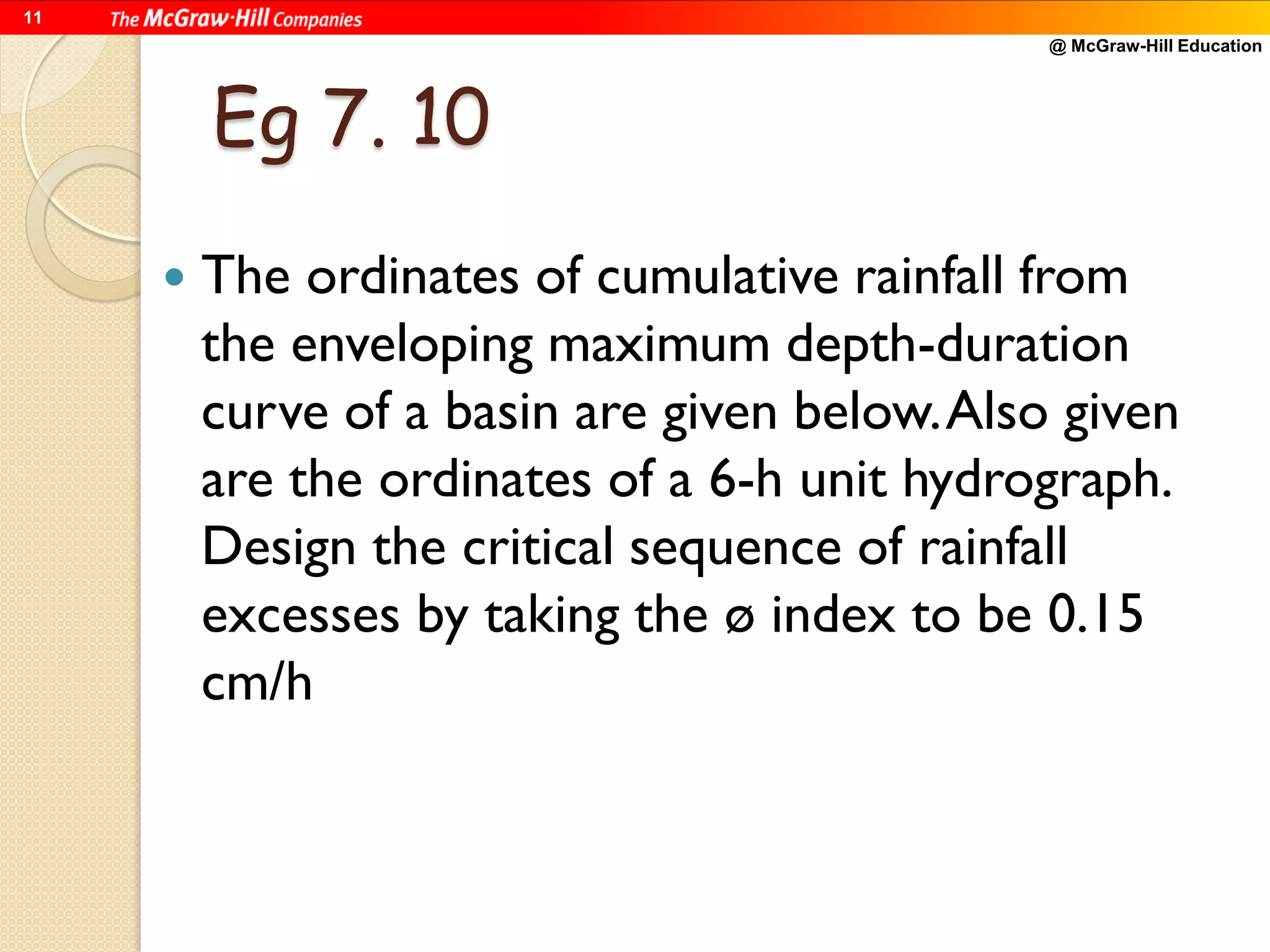 @ McGraw-Hill Education
11
Eg 7. 10
 The ordinates of cumulative rainfall from
the enveloping maximum depth-duration
curve of a basin are given below.Also given
are the ordinates of a 6-h unit hydrograph.
Design the critical sequence of rainfall
excesses by taking the ø index to be 0.15
cm/h
 