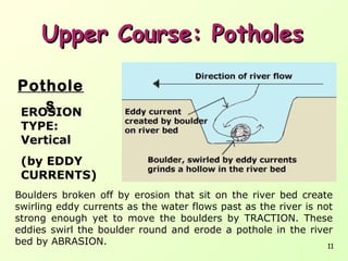 Upper Course: Potholes
Pothole
s
EROSION
TYPE:
Vertical

(by EDDY
CURRENTS)
Boulders broken off by erosion that sit on the river bed create
swirling eddy currents as the water flows past as the river is not
strong enough yet to move the boulders by TRACTION. These
eddies swirl the boulder round and erode a pothole in the river
bed by ABRASION.
11

 
