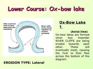 Lower Course: Ox-bow lake
Ox-Bow Lake
1
(Aerial View)

EROSION TYPE: Lateral

Ox-bow lakes are formed
when
two
meander
RIVER CLIFFS are being
eroded
towards
each
other.
These
will
eventually meet, causing
the river to then flow
across the bottom of the
diagram.

 