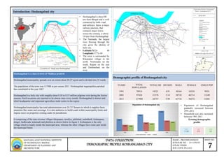 Demographic profile of Hoshangabad city
Introduction: Hoshangabad city
• Hoshangabad is about 80
km from Bhopal and is well
connected by both- road
and railways. Itarsi, a major
railway junction, that
connects major towns
across the country, is about
18 kms from Hoshangabad.
• The Narmada, the largest
river flowing through the
city, gives the identity of
holy city.
• Latitude:N22o 46
Longitude: E77o 44
• The town is surrounded by
Khojanpur village in the
north, Neemsadia on the
south, Rajpur on the east
and Deshmehani on the
west.
YEARS TOTAL
POPULATION
TOTAL HH HH SIZE MALE FEMALE CHILD POP
1991 70914 18521 4.91 36364 34550 9954
2001 97424 21578 5.14 50710 46714 11249
2011 117988 24737 5.98 61716 56272 13281
70914
97424
117988
36364
50710
61716
34550
46714
56272
1991 2001 2011
Population of Hoshangabad city
TOTAL POPULATION MALE FEMALE
• Population of Hoshangabad
gradually increased between
1991-2011
• Household size also increased
between 1991-2011
Existing demographic
profile
Location of -Study area Hoshangabad
SHEET NO.
7
NAME – PRAVEEN MUKATI
SCHOLAR. NO. - 141109029
B PLAN THESIS
SUB. CODE: PLA 424
DATA COLLECTION
DEMOGRAPHIC PROFILE HOSHANGABAD CITY
MAULANA AZAD NATIONAL INSTITUTE
OF TECHNOLOGY, BHOPAL
DEPARTMENT OF PLANNING AND
ARCHIETECTURE
Hoshangabad is a class-ii town of Madhya pradesh
Hoshangabad municipality spreads over an extent about 24.27 sq.km and is divided into 33 wards
The population of the town was 117988 as per census 2011. Hoshangabad nagarapalika parishad
has constituted in the year 1867
Hoshangabad is a holy city with roughly about 0.10 to 0.15 million pilgrims visit during the festive
seasons. Such occasions are reported to be almost once every month. Hoshangabad is district and
tehsil headquarter and important agriculture trade centre in the region
Hoshangabad municipality has total administration over 24,737 houses to which it supplies basic
amenities like water and sewerage. It is also authorize to build roads within municipality limits and
impose taxes on properties coming under its jurisdiction.
It comprising of the nine revenue villages khojanpur, rasuliya, jalalabad, malakhedi, kishanpura,
dongri, budhwada, kulamadi and phefarta as shown below in figure 2. Kishanpura is the only
village which is totally inside the municipal area; whereas the other villages have some part inside
the municipal limits
 