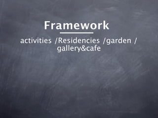 Framework
activities /Residencies /garden /
            gallery&cafe
 