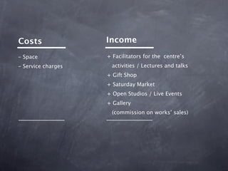 Costs               Income

- Space             + Facilitators for the centre’s
- Service charges     activities / Lectures and talks
                    + Gift Shop
                    + Saturday Market
                    + Open Studios / Live Events
                    + Gallery
                      (commission on works’ sales)
 