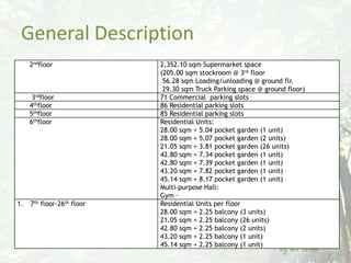 General Description
     2ndfloor               2,352.10 sqm Supermarket space
                            (205.00 sqm stockroom @ 3rd floor
                             56.28 sqm Loading/unloading @ ground flr.
                             29.30 sqm Truck Parking space @ ground floor)
      3rdfloor              71 Commercial parking slots
     4thfloor               86 Residential parking slots
     5thfloor               85 Residential parking slots
     6thfloor               Residential Units:
                            28.00 sqm + 5.04 pocket garden (1 unit)
                            28.00 sqm + 5.07 pocket garden (2 units)
                            21.05 sqm + 3.81 pocket garden (26 units)
                            42.80 sqm + 7.34 pocket garden (1 unit)
                            42.80 sqm + 7.39 pocket garden (1 unit)
                            43.20 sqm + 7.82 pocket garden (1 unit)
                            45.14 sqm + 8.17 pocket garden (1 unit)
                            Multi-purpose Hall:
                            Gym -
1.   7th floor-26th floor   Residential Units per floor
                            28.00 sqm + 2.25 balcony (3 units)
                            21.05 sqm + 2.25 balcony (26 units)
                            42.80 sqm + 2.25 balcony (2 units)
                            43.20 sqm + 2.25 balcony (1 unit)
                            45.14 sqm + 2.25 balcony (1 unit)
 