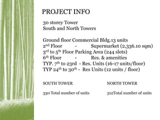 PROJECT INFO 
30 storey Tower 
South and North Towers 
Ground floor Commercial Bldg.13 units 
2nd Floor - Supermarket (2,336.10 sqm) 
3rd to 5th Floor Parking Area (244 slots) 
6th Floor - Res. & amenities 
TYP. 7th to 23rd - Res. Units (16-17 units/floor) 
TYP 24th to 30th - Res Units (12 units / floor) 
SOUTH TOWER NORTH TOWER 
330 Total number of units 312Total number of units 
 