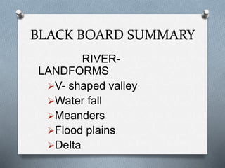 BLACK BOARD SUMMARY
RIVER-LANDFORMS
V- shaped valley
Water fall
Meanders
Flood plains
Delta