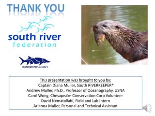 This presentation was brought to you by:
       Captain Diana Muller, South RIVERKEEPER®
Andrew Muller, Ph.D., Professor of Oceanography, USNA
 Carol Wong, Chesapeake Conservation Corp Volunteer
         David Nematollahi, Field and Lab Intern
    Arianna Muller, Personal and Technical Assistant
 
