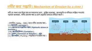 : যসলমবর ( Selloy , 1985 ) িরত নিীর প্রতযক্ষ ক্ষ়ে –
( i ) অির্ঘর্ ্( corrasion ) ,
( ii ) জচ্ছলর চাপজবনত েয় ( Hydraulic stress or
avorsion ) ,
( iii ) কযাবভচ্ছেিন ( Cavitation ) ,
( iv ) দ্রিণ ( Corrosion or Solution ) , এিং
( v ) উৎপােন ( Plucking ) পিমতরত সংঘষ্টিত ি়ে ।
নদীর েয় পদ্ধবত ( Mechanism of Erosion by a river )
নিী যে পলল বর়ে মনর়ে ো়ে তা সাধারণত দ্রবণ , পুজঞ্জত িানান্তর , প্লাবনভূমি বা নিীিরর সজঞ্জত পিারথ ব
র
পুনরা়ে িানান্তর , নিীর প্রতযক্ষ ক্ষ়ে ও দ্রবণ প্রভৃ মতর িাধযরি নিীরত আরস ।
 