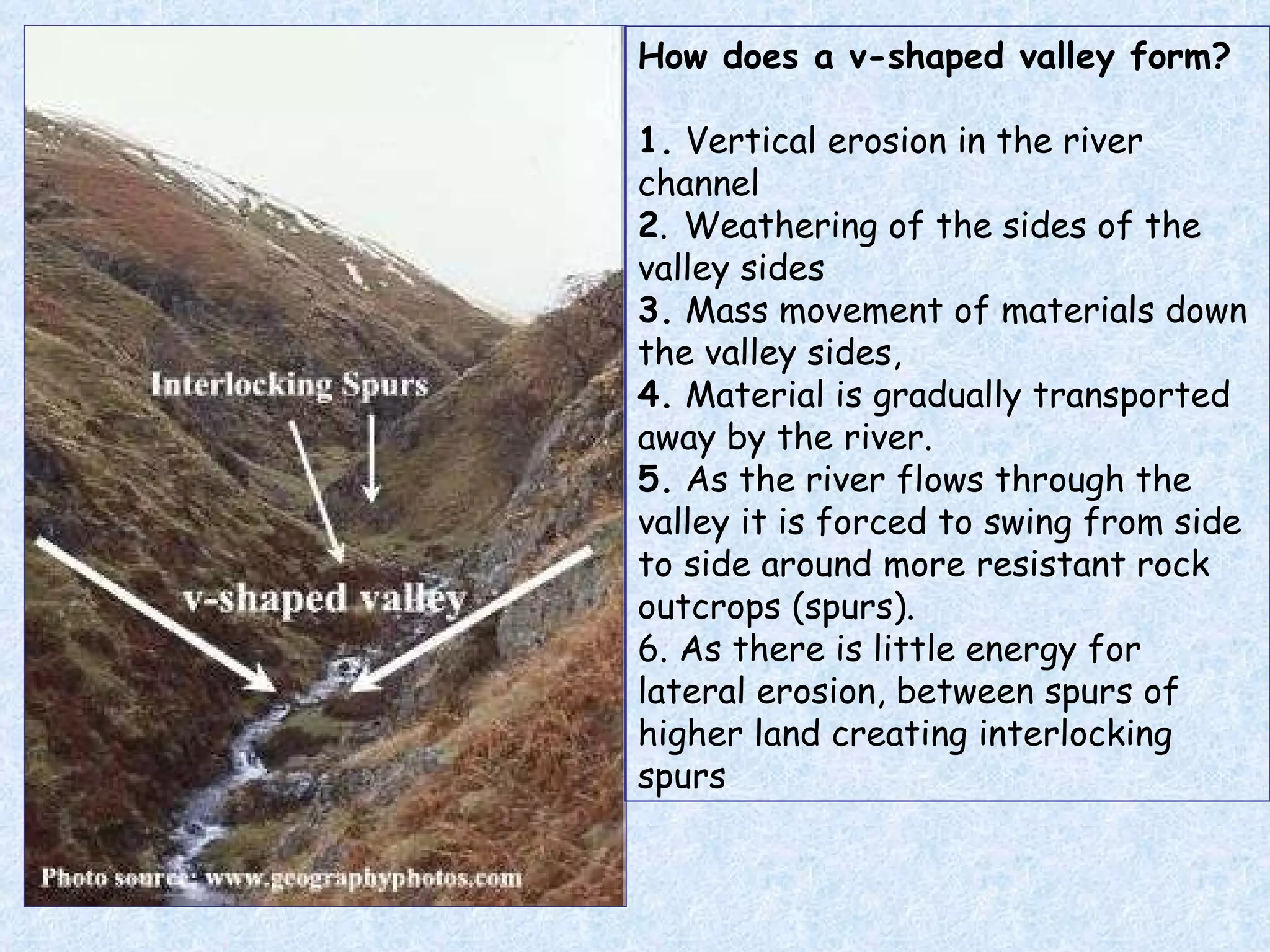 How does a v-shaped valley form? 1.  Vertical erosion in the river channel  2 .   Weathering of the sides of the valley sides  3.  Mass movement of materials down the valley sides,  4.  Material is gradually transported away by the river. 5.  As the river flows through the valley it is forced to swing from side to side around more resistant rock outcrops (spurs). 6. As there is little energy for lateral erosion,  between spurs of higher land creating interlocking spurs 