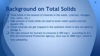 Background on Total Solids
❏ Total Solids is the amount of minerals in the water. (calcium, nitrogen,
iron, sulfur, etc.)
❏ High amount of total solids can lead to lower water quality and less
aquatic life.
❏ These minerals can get trapped in the sediment which is why we need to
dredge it.
❏ The safe amount for humans to consume is 500 mg/L according to U.S
EPA (Environmental Protection Agency). Ours was at 4000 mg/L which is
very unhealthy.
D
 