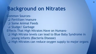 Background on Nitrates
Common Sources-
❏ Fertilizer/manure
❏ Some Animal Feeds
❏ Sludge/ Garbage
Effects That High Nitrates Have on Humans-
❏ High Nitrate levels can lead to Blue Baby Syndrome in
young infants (Bacteria Disease)
❏ High Nitrates can reduce oxygen supply to major organs
H
 