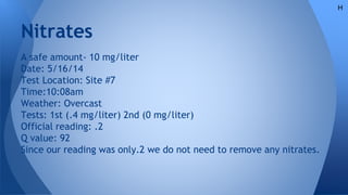 Nitrates
A safe amount- 10 mg/liter
Date: 5/16/14
Test Location: Site #7
Time:10:08am
Weather: Overcast
Tests: 1st (.4 mg/liter) 2nd (0 mg/liter)
Official reading: .2
Q value: 92
Since our reading was only.2 we do not need to remove any nitrates.
H
 