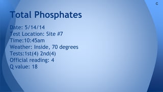 Total Phosphates
Date: 5/14/14
Test Location: Site #7
Time:10:45am
Weather: Inside, 70 degrees
Tests:1st(4) 2nd(4)
Official reading: 4
Q value: 18
C
 