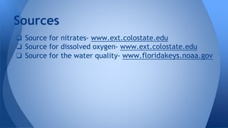 ❏ Source for nitrates- www.ext.colostate.edu
❏ Source for dissolved oxygen- www.ext.colostate.edu
❏ Source for the water quality- www.floridakeys.noaa.gov
Sources
 
