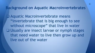 Background on Aquatic Macroinvertebrates
❏ Aquatic Macroinvertebrate means
“invertebrate that is big enough to see
without microscope” that live in water
❏ Usually are insect larvae or nymph stages
that need water to live then grow up and
live out of the water
C
 