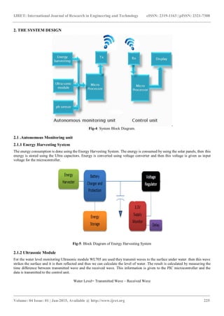 IJRET: International Journal of Research in Engineering and Technology eISSN: 2319-1163 | pISSN: 2321-7308
_______________________________________________________________________________________
Volume: 04 Issue: 01 | Jan-2015, Available @ http://www.ijret.org 225
2. THE SYSTEM DESIGN
Fig-4: System Block Diagram.
2.1 .Autonomous Monitoring unit
2.1.1 Energy Harvesting System
The energy consumption is done using the Energy Harvesting System. The energy is consumed by using the solar panels, then this
energy is stored using the Ultra capacitors. Energy is converted using voltage converter and then this voltage is given as input
voltage for the microcontroller.
Fig-5: Block Diagram of Energy Harvesting System
2.1.2 Ultrasonic Module
For the water level monitoring Ultrasonic module WL705 are used they transmit waves to the surface under water then this wave
strikes the surface and it is then reflected and thus we can calculate the level of water. The result is calculated by measuring the
time difference between transmitted wave and the received wave. This information is given to the PIC microcontroller and the
data is transmitted to the control unit.
Water Level= Transmitted Wave – Received Wave
 