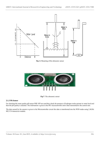 IJRET: International Journal of Research in Engineering and Technology eISSN: 2319-1163 | pISSN: 2321-7308
_______________________________________________________________________________________
Volume: 04 Issue: 01 | Jan-2015, Available @ http://www.ijret.org 226
Fig- 6: Mounting of the ultrasonic sensor
Fig-7: The ultrasonic sensor
2.1.3 Ph Sensor
For checking the water quality pH sensor PHE 45P are used they check the presence of hydrogen moles present in water level and
then the pH quality is checked. The information is given to the PIC microcontroller and is then transmitted to the control unit.
The data sensed by the sensors is given to the Microcontroller circuit this data is transformed into the WSN nodes using 2.4GHz
802.15.4 transceiver module.
 