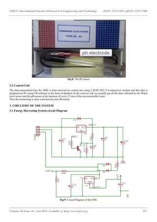 IJRET: International Journal of Research in Engineering and Technology eISSN: 2319-1163 | pISSN: 2321-7308
_______________________________________________________________________________________
Volume: 04 Issue: 01 | Jan-2015, Available @ http://www.ijret.org 227
Fig-8: The Ph sensor
2.2 Control Unit
The data transmitted from the AMU is then received by control unit using 2.4GHz 802.15.4 transceiver module and this data is
displayed on PC using VB software in the form of database.At the receiver side we actually get all the data collected by the Water
level sensor and the pH sensor at the duration of every 15 min of the microcontroller timer.
Thus the monitoring is done continuously and efficiently.
3. CIRCUITRY OF THE SYSTEM
3.1 Energy Harvesting System circuit Diagram
Fig-9: Circuit Diagram of the EHS.
 