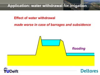 Application: water withdrawal for irrigation


   Effect of water withdrawal

   made worse in case of barrages and subsidence




                                     flooding
 