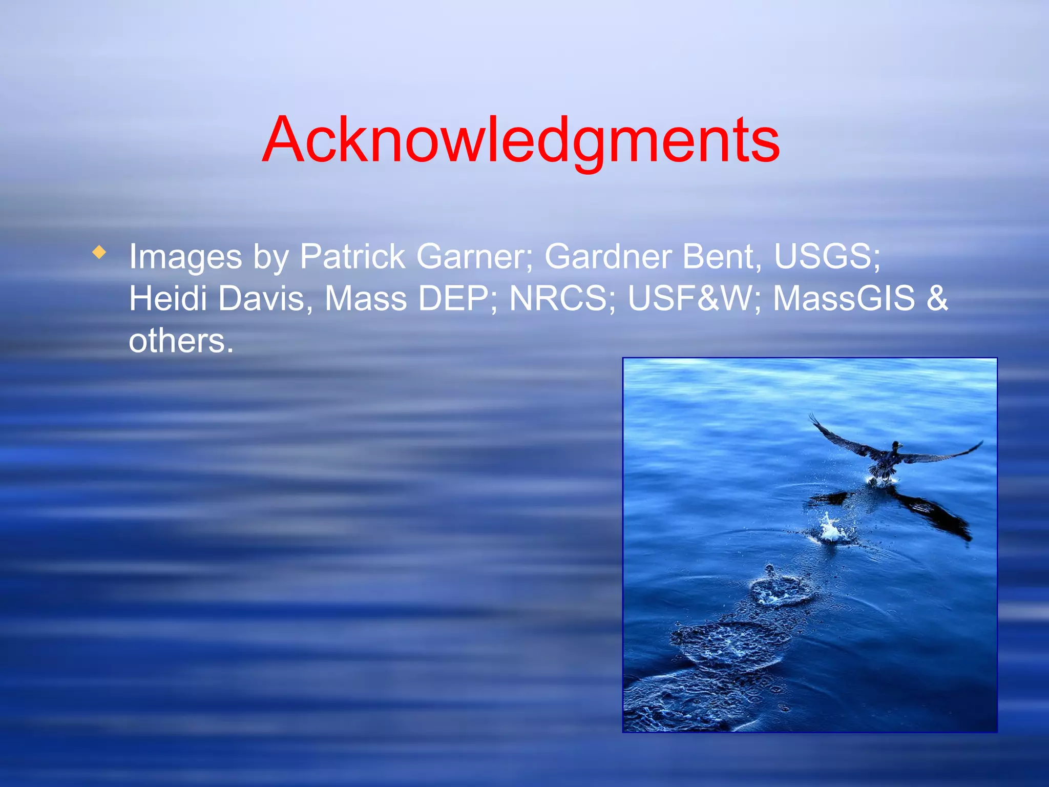 Acknowledgments
 Images by Patrick Garner; Gardner Bent, USGS;
Heidi Davis, Mass DEP; NRCS; USF&W; MassGIS &
others.
 