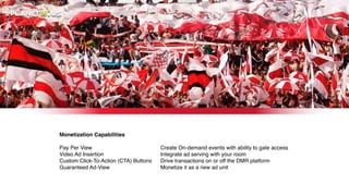 Monetization Capabilities
Pay Per View
Video Ad Insertion
Custom Click-To-Action (CTA) Buttons
Guaranteed Ad-View
Create On-demand events with ability to gate access
Integrate ad serving with your room
Drive transactions on or off the DMR platform
Monetize it as a new ad unit
 