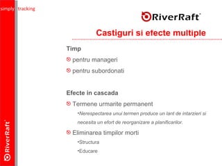 Castiguri si efecte multiple Timp pentru manageri pentru subordonati Efecte in cascada Termene urmarite permanent Nerespectarea unui termen produce un lant de intarzieri si necesita un efort de reorganizare a planificarilor. Eliminarea timpilor morti Structura  Educare simply   tracking 