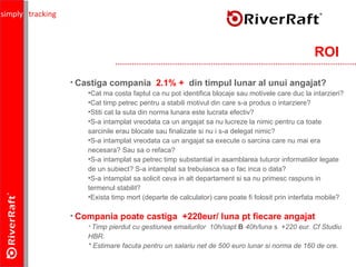 ROI Castiga compania  2.1%   +   din timpul lunar al unui angajat? Cat ma costa faptul ca nu pot identifica blocaje sau motivele care duc la intarzieri? Cat timp petrec pentru a stabili motivul din care s-a produs o intarziere? Stiti cat la suta din norma lunara este lucrata efectiv? S-a intamplat vreodata ca un angajat sa nu lucreze la nimic pentru ca toate sarcinile erau blocate sau finalizate si nu i s-a delegat nimic? S-a intamplat vreodata ca un angajat sa execute o sarcina care nu mai era necesara? Sau sa o refaca? S-a intamplat sa petrec timp substantial in asamblarea tuturor informatiilor legate de un subiect? S-a intamplat sa trebuiasca sa o fac inca o data? S-a intamplat sa solicit ceva in alt departament si sa nu primesc raspuns in termenul stabilit? Exista timp mort (departe de calculator) care poate fi folosit prin interfata mobile? Compania poate castiga  +220eur/ luna pt fiecare angajat *  Timp pierdut cu gestiunea emailurilor  10h/sapt  40h/luna  +220 eur. Cf Studiu HBR. * Estimare facuta pentru un salariu net de 500 euro lunar si norma de 160 de ore. simply   tracking 