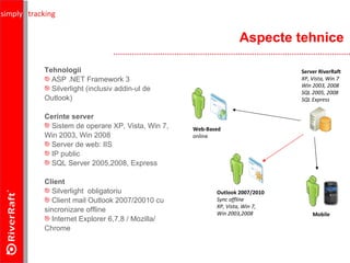 Aspecte tehnice Tehnologii ASP .NET Framework 3 Silverlight (inclusiv addin-ul de Outlook) Cerinte server Sistem de operare XP, Vista, Win 7, Win 2003, Win 2008 Server de web: IIS IP  public SQL Server 2005,2008, Express  Client Silverlight  obligatoriu Client mail Outlook 200 7 /200 10  cu sincronizare offline Internet Explorer 6,7,8 / Mozilla/ Chrome Server RiverRaft XP, Vista, Win 7 Win 2003, 2008 SQL 2005, 2008 SQL Express Web-Based online Outlook 200 7 /20 10 Sync offline XP, Vista, Win 7, Win 2003,2008 Mobile simply   tracking 