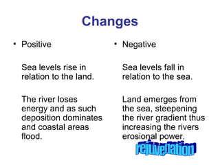 Changes 
• Positive 
Sea levels rise in 
relation to the land. 
The river loses 
energy and as such 
deposition dominates 
and coastal areas 
flood. 
• Negative 
Sea levels fall in 
relation to the sea. 
Land emerges from 
the sea, steepening 
the river gradient thus 
increasing the rivers 
erosional power. 
 