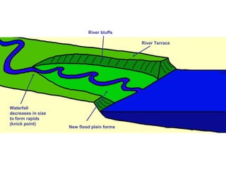 River bluffs 
New flood plain forms 
Waterfall 
decreases in size 
to form rapids 
(knick point) 
River Terrace 
 