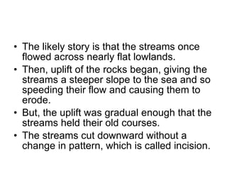The likely story is that the streams once flowed across nearly flat lowlands.  Then, uplift of the rocks began, giving the streams a steeper slope to the sea and so speeding their flow and causing them to erode.  But, the uplift was gradual enough that the streams held their old courses.   The streams cut downward without a change in pattern, which is called incision.  