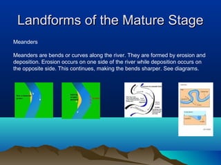Landforms of the Mature Stage
Meanders

Meanders are bends or curves along the river. They are formed by erosion and
deposition. Erosion occurs on one side of the river while deposition occurs on
the opposite side. This continues, making the bends sharper. See diagrams.
 