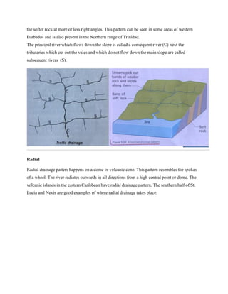 the softer rock at more or less right angles. This pattern can be seen in some areas of western
Barbados and is also present in the Northern range of Trinidad.
The principal river which flows down the slope is called a consequent river (C) next the
tributaries which cut out the vales and which do not flow down the main slope are called
subsequent rivers (S).
Radial
Radial drainage patters happens on a dome or volcanic cone. This pattern resembles the spokes
of a wheel. The river radiates outwards in all directions from a high central point or dome. The
volcanic islands in the eastern Caribbean have radial drainage pattern. The southern half of St.
Lucia and Nevis are good examples of where radial drainage takes place.
 
